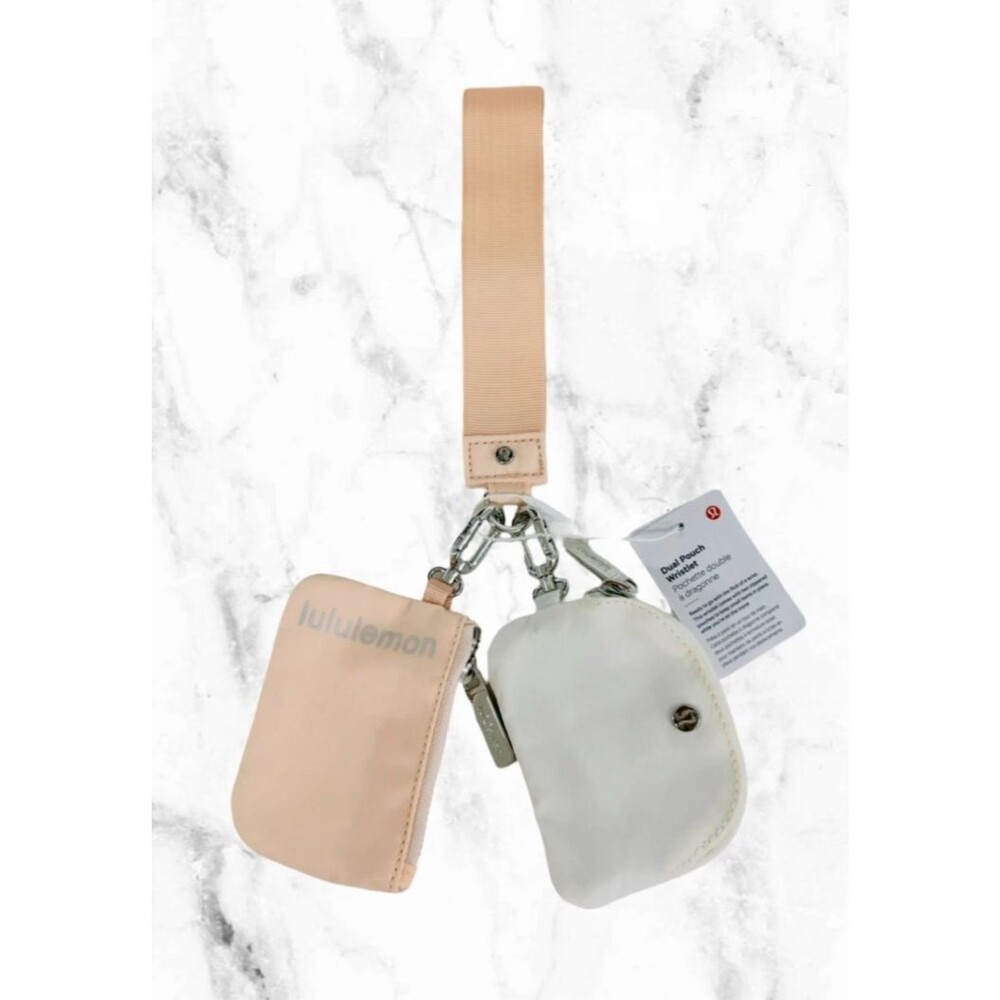 Lululemon Double Zip Wristlet Pouch Wallet Keychain Peach/White NWT